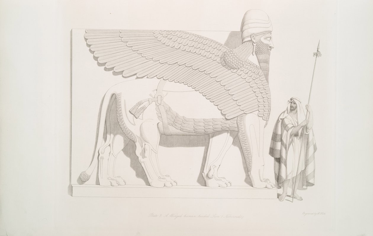 Siivekäs ihmispäinen leijona Nimroudista [Calah], 1849 tekijältä Austen Henry Layard