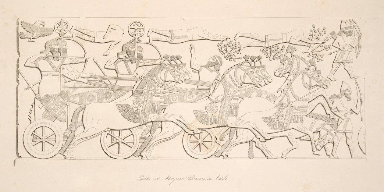 Assyrialaiset soturit taistelussa Niniven monumenteista, pubista. 1849 tekijältä Austen Henry Layard