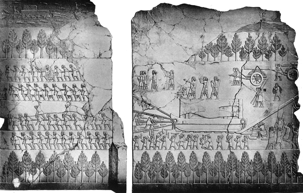 Assyrialaiset liikuttavat siivellistä härkää, 700-luvulla eKr., 1900-1920. tekijältä Austen Henry Layard