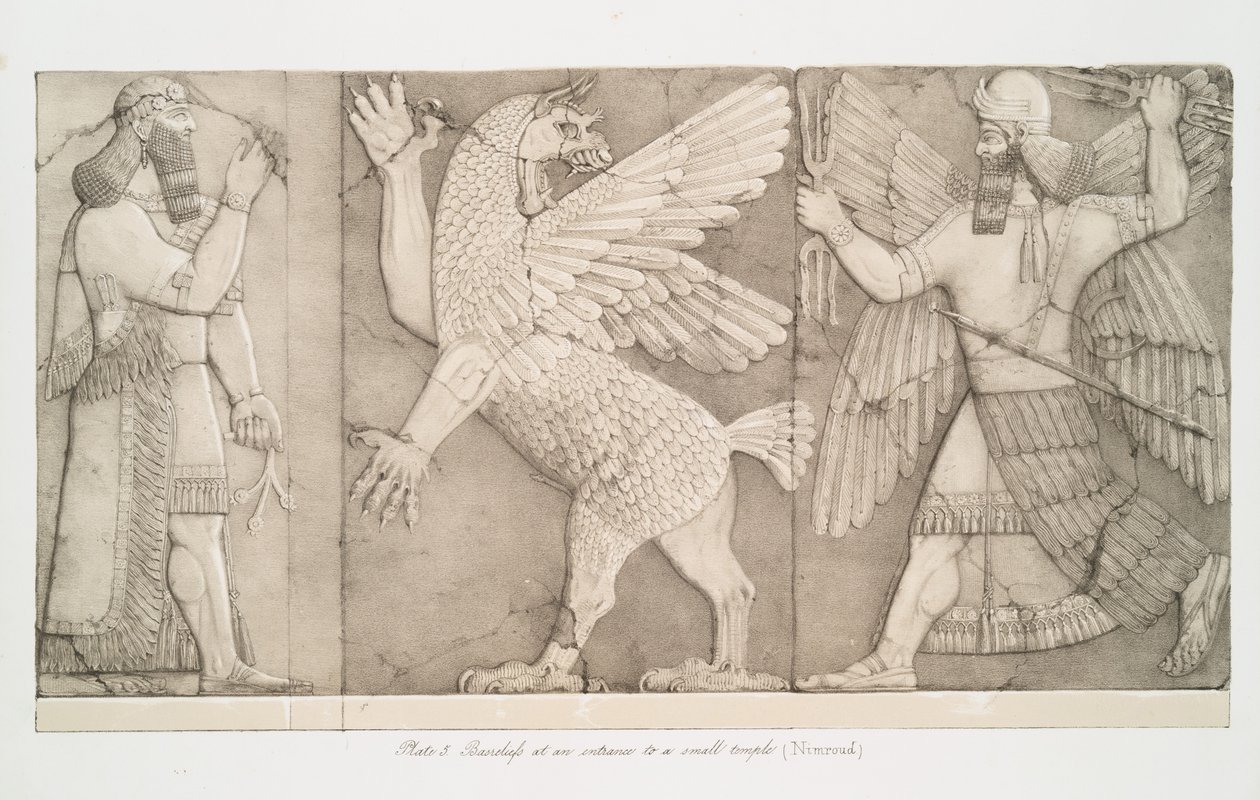 Barrejefit pienen temppelin sisäänkäynnillä Nimroudissa [Calah], 1853 tekijältä Austen Henry Layard