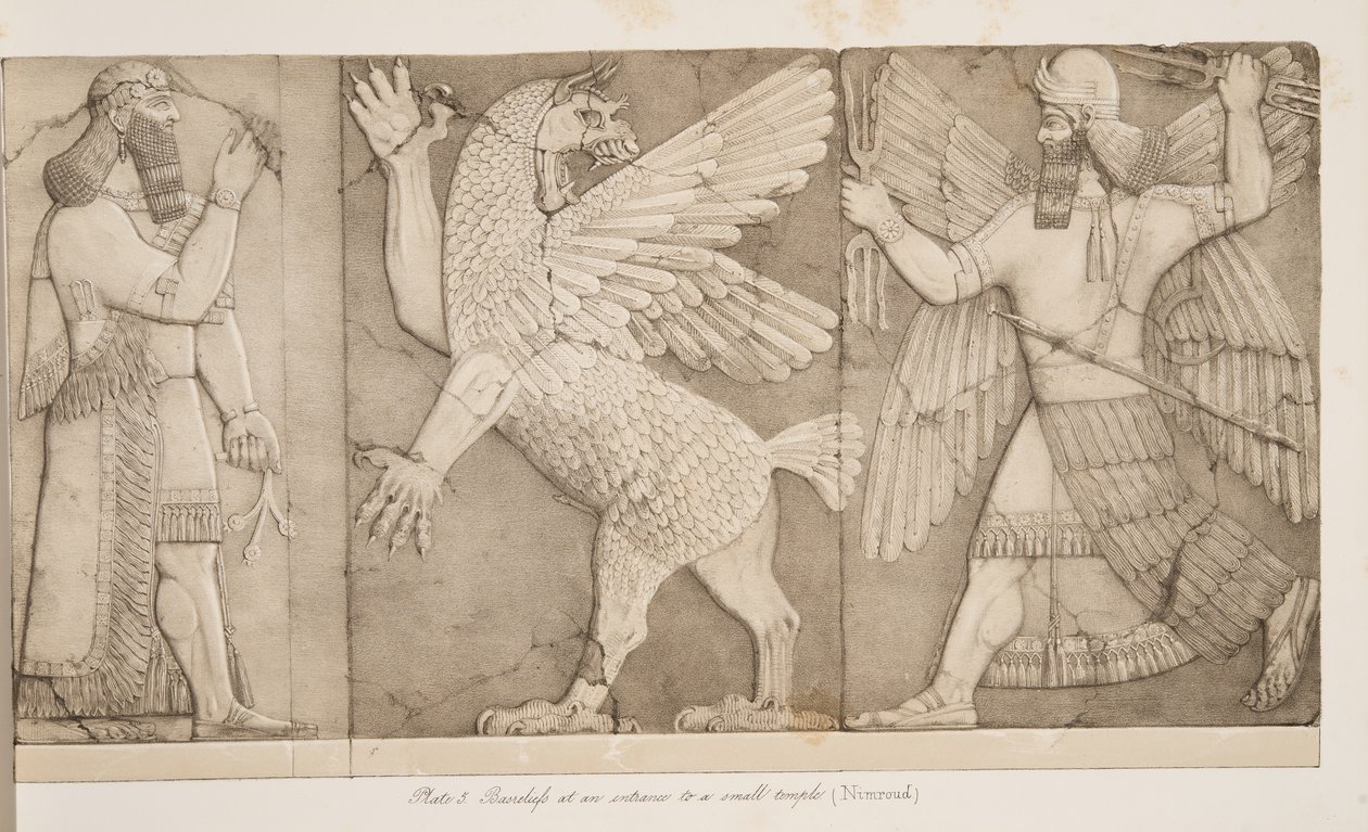 Basreliefit pienen temppelin (Nimroud) sisäänkäynnillä, Monuments of Niniven pubista. 1849 tekijältä Austen Henry Layard