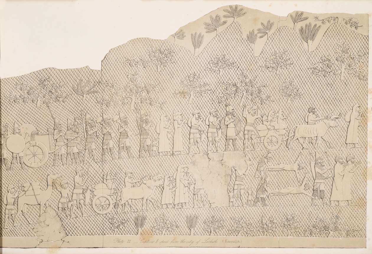 Vankeja ja saalista Lachichin kaupungista, kuva Niniven monumenteista, 1858 tekijältä Austen Henry Layard