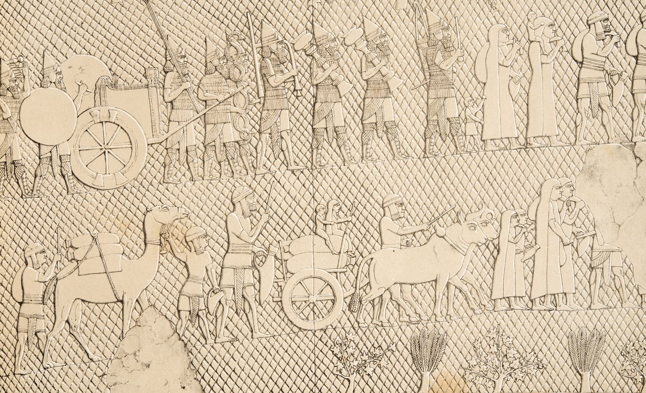 Yksityiskohta Lachichin kaupungin vankeudesta ja saaliista, kuva Niniven muistomerkeistä, 1858 tekijältä Austen Henry Layard