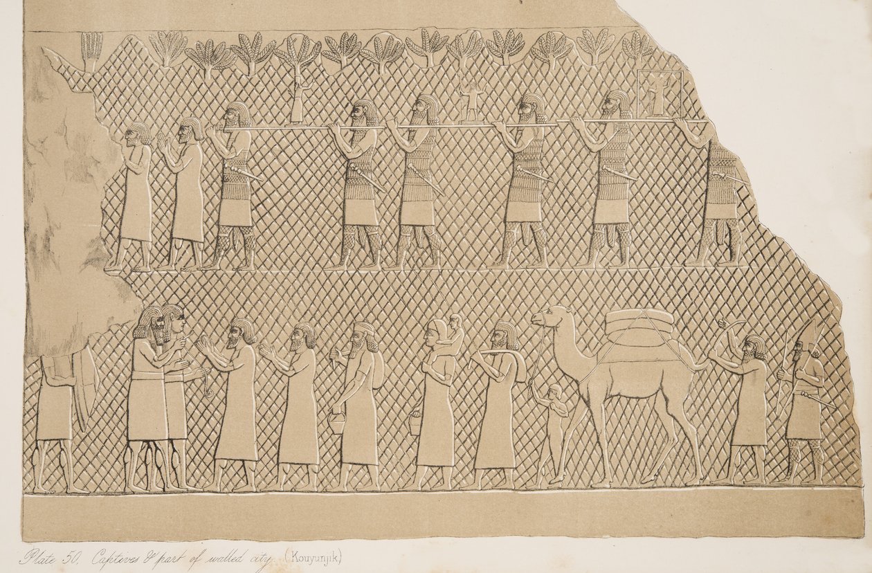 Yksityiskohta vangeista ja osa muureista kaupunkia (Kouyunjik), kuva Niniven monumenteista, 1858 tekijältä Austen Henry Layard