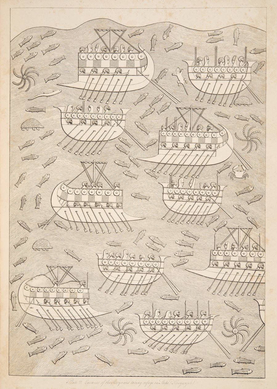 Assyrialaisten viholliset turvautumassa laivoille (Kouyunlik), Niniven monumenteista, pubista. 1849 tekijältä Austen Henry Layard