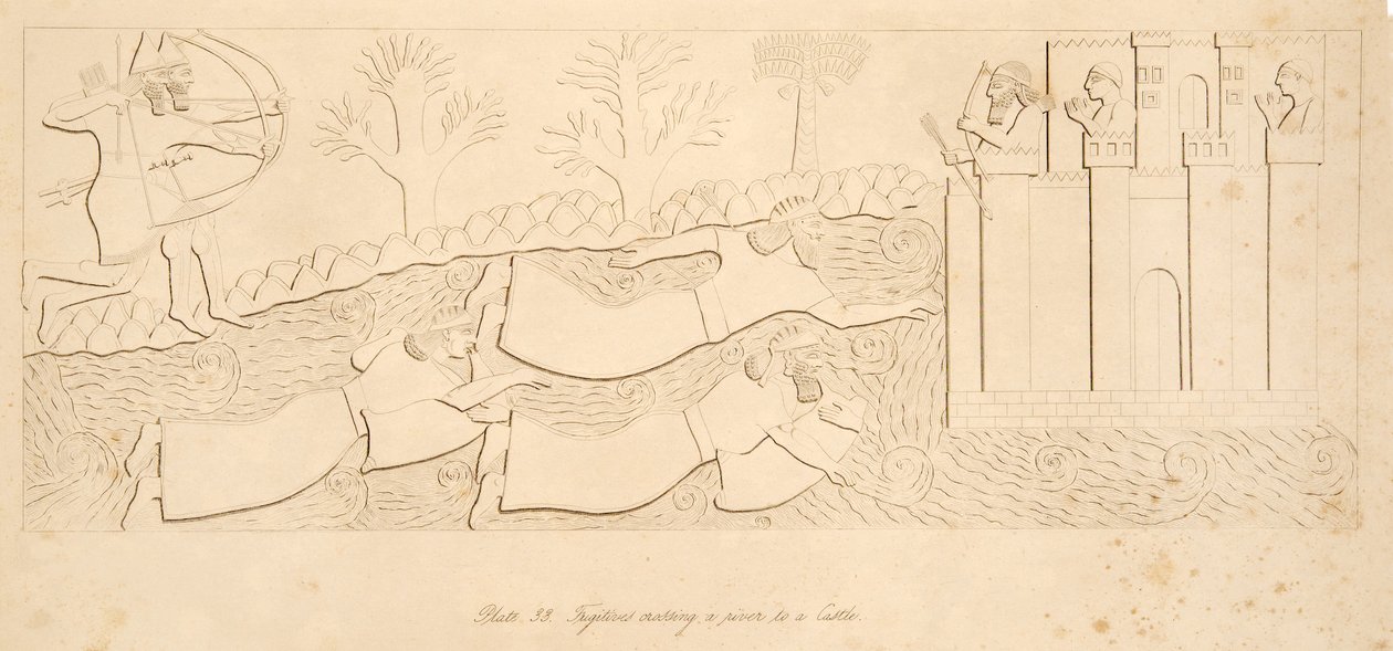 Pakolaiset ylittävät joen linnaan Niniven monumenteista, pubista. 1849 tekijältä Austen Henry Layard