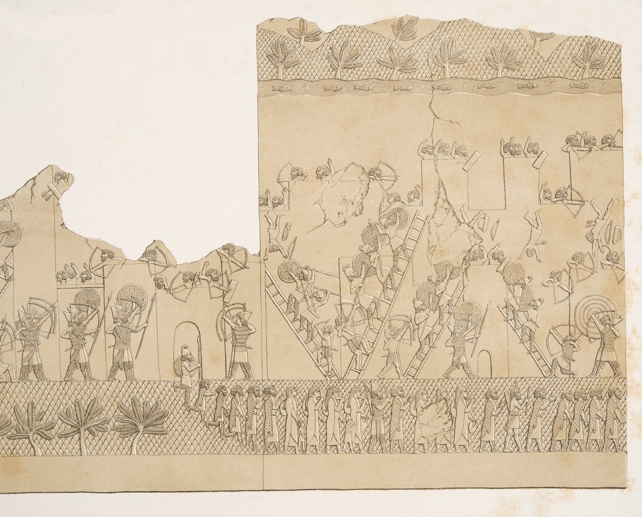 Kaupungin piiritys ja eskalaatti (Kouyunjik), teoksesta Monuments of Nineveh, pub. 1849 tekijältä Austen Henry Layard