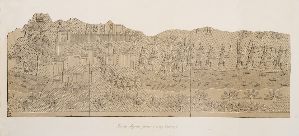 Kaupungin piiritys ja ryöstö (Kouyunjik), teoksesta Monuments of Nineveh, pub. 1849 tekijältä Austen Henry Layard