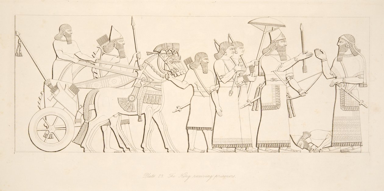 Kuningas vastaanottaa vankeja, Monuments of Niniven pubista. 1849 tekijältä Austen Henry Layard