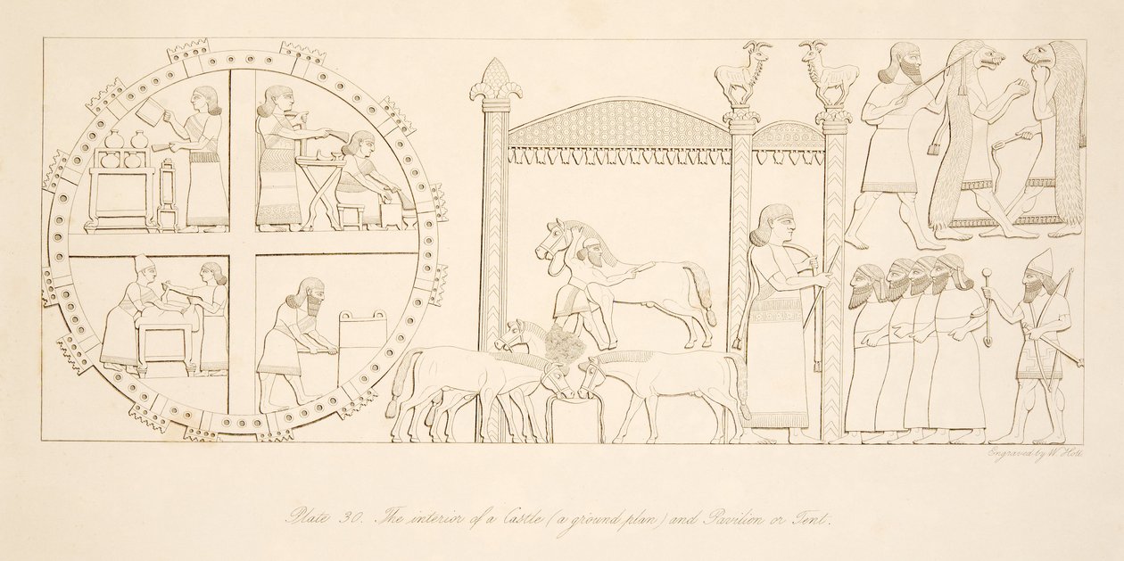 Linnan (pohjapiirros) ja paviljongin tai teltan sisätilat Niniven monumenteista, pubista. 1849 tekijältä Austen Henry Layard