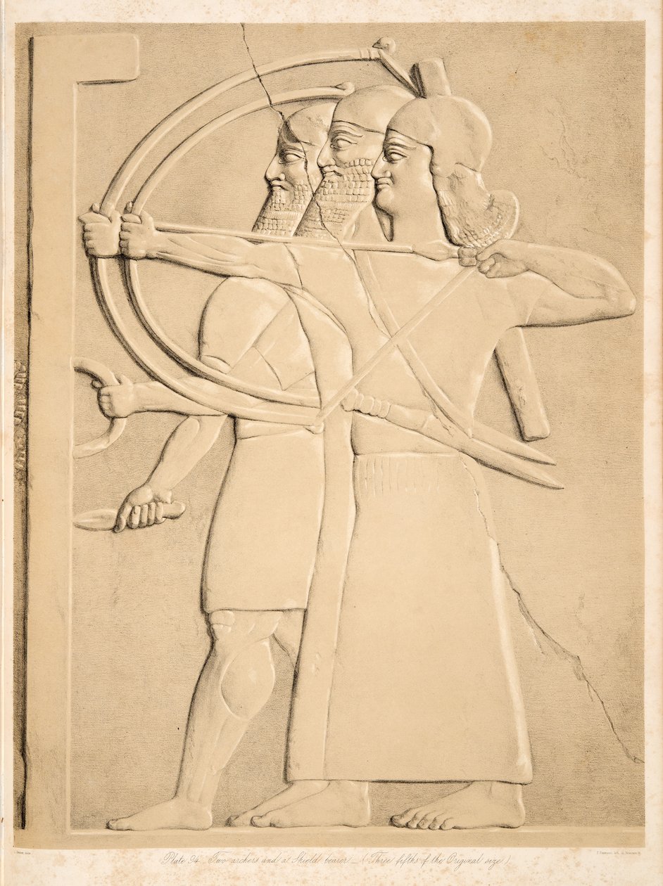 Kaksi jousiampujaa ja kilvenkantaja, Monuments of Niniven pubista. 1849 tekijältä Austen Henry Layard
