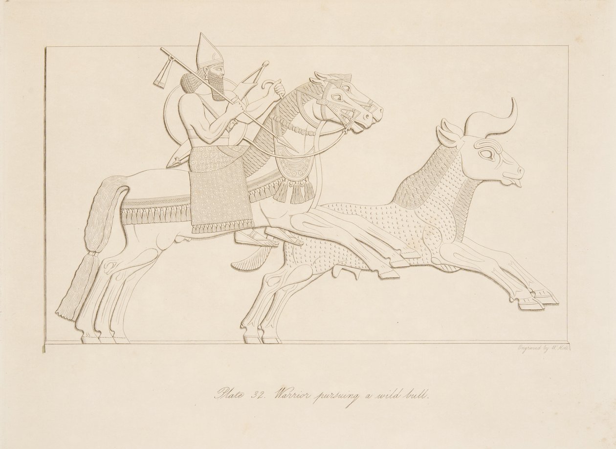 Soturi jahtaamassa villihärkää, Monuments of Niniven pubista. 1849 tekijältä Austen Henry Layard