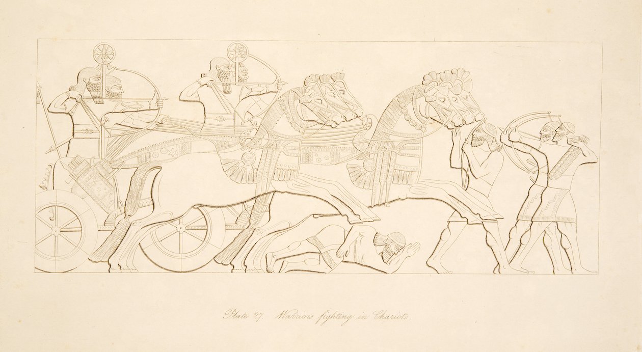 Soturit taistelevat vaunuissa, Niniven monumenteista, pubista. 1849 tekijältä Austen Henry Layard