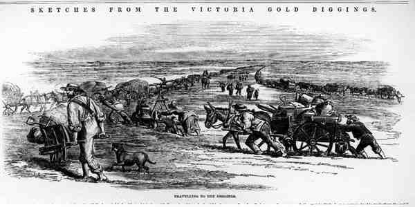 Matkalla kaivauksiin, luonnoksista Victoria Gold Diggingsistä (kynä ja muste) tekijältä Australian School