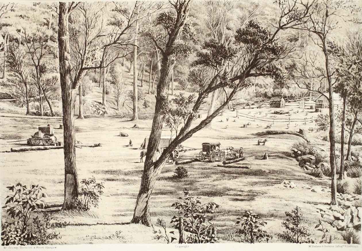 Free Selectors Hut, David Blairin, McGradyn, Thomsonin ja Nivenin teoksesta The History of Australaasia, 1879 tekijältä Australian School