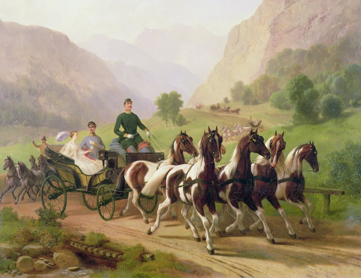 Itävallan keisari Franz Joseph I, jota ajettiin vaunussaan vaimonsa Elisabetin kanssa Bad Ischlissä, 1855 tekijältä Austrian School