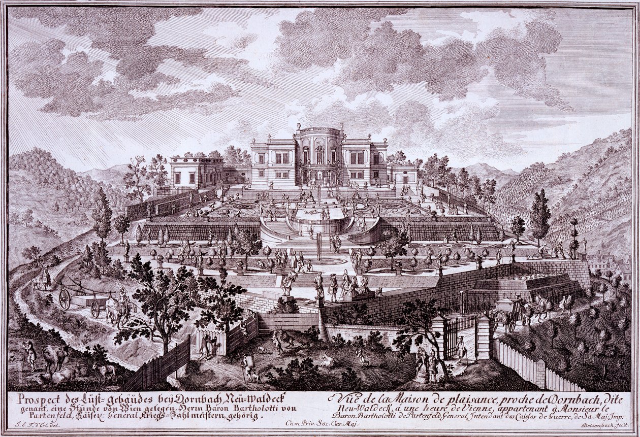 HRE:n armeijapäällikön Baton Bartholottin huvipuutarha ja maalaistalo, Dornach, n. 1719 tekijältä Austrian School