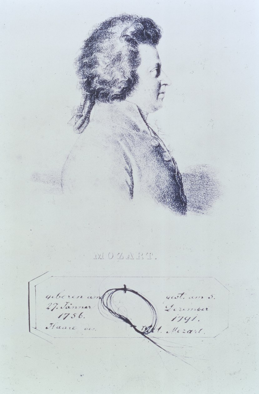 Wolfgang Amadeus Mozartin (1756-91) muotokuva, jonka alapuolelle on kiinnitetty hiustuki tekijältä Austrian School