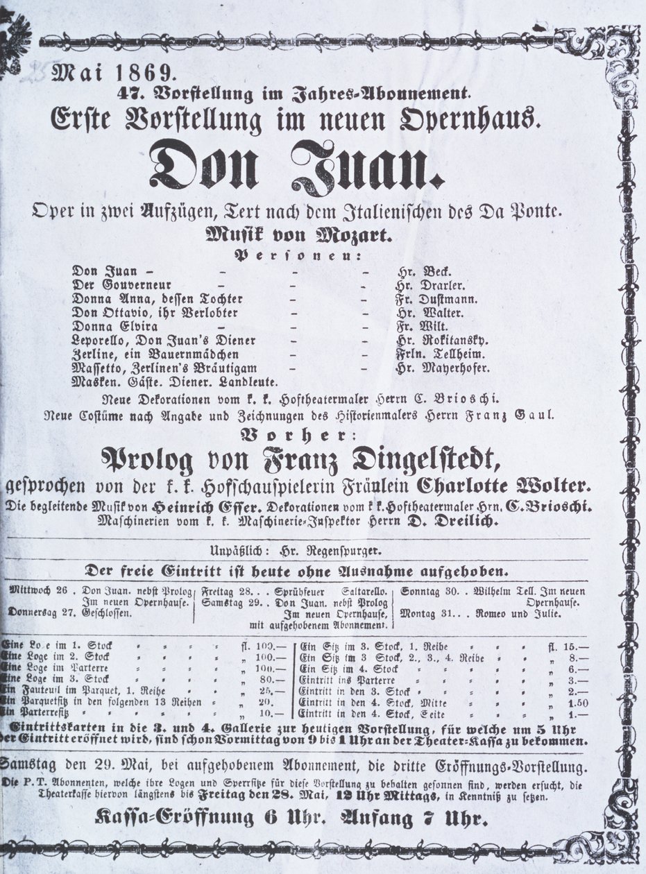 Juliste, joka mainostaa Wolfgang Amadeus Mozartin (1756-91) "Don Juan" (Don Giovanni) -esitystä toukokuussa 1869 tekijältä Austrian School