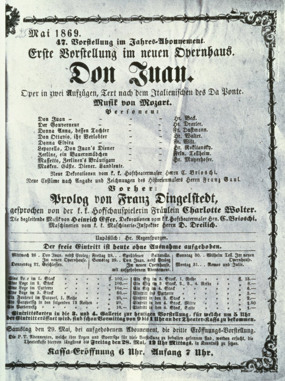 Juliste, joka mainostaa Wolfgang Amadeus Mozartin (1756-91) "Don Juan" (Don Giovanni) -esitystä toukokuussa 1869 tekijältä Austrian School