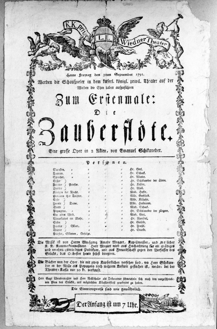 Juliste, joka mainostaa Wolfgang Amadeus Mozartin "Taikahuilun" ensi-iltaa Freihaustheaterissa (nykyisin Theater an der Wien), 1791 tekijältä Austrian School