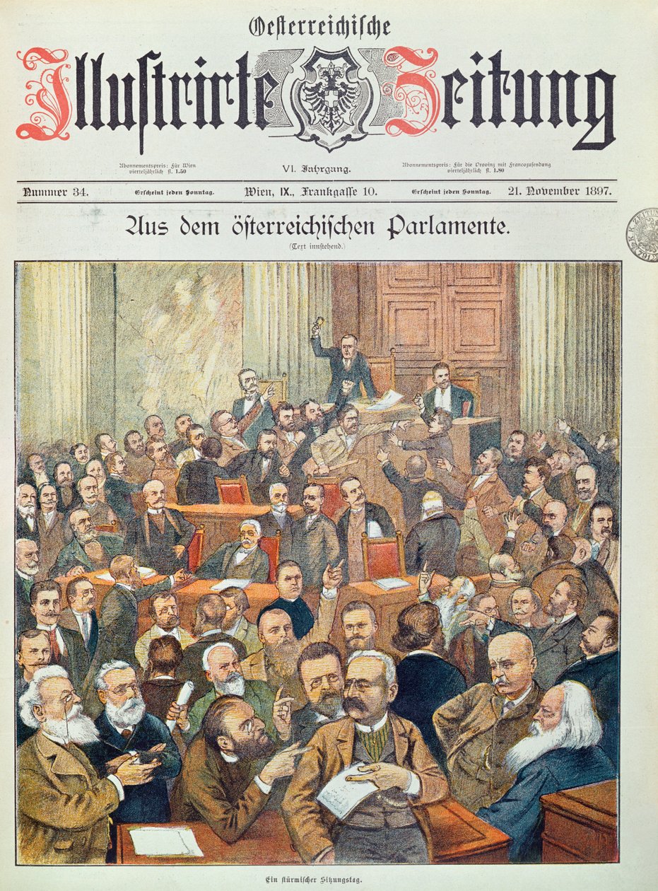 Myrskyinen istunto Itävallan parlamentissa Wienissä, 1897 tekijältä Austrian School