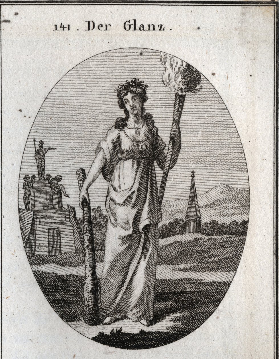 Allegoria loistosta. Klubi, johon se luottaa, on hyveiden symboli. Ketju ja kultamitali ovat palkinto. Valo soihtu on kevyt kauniisiin tekoihin. Kaiverrus "" Iconologie oder Ideen aus dem Gebiete der Leidenschaften und Allegorien bi tekijältä Austrian School