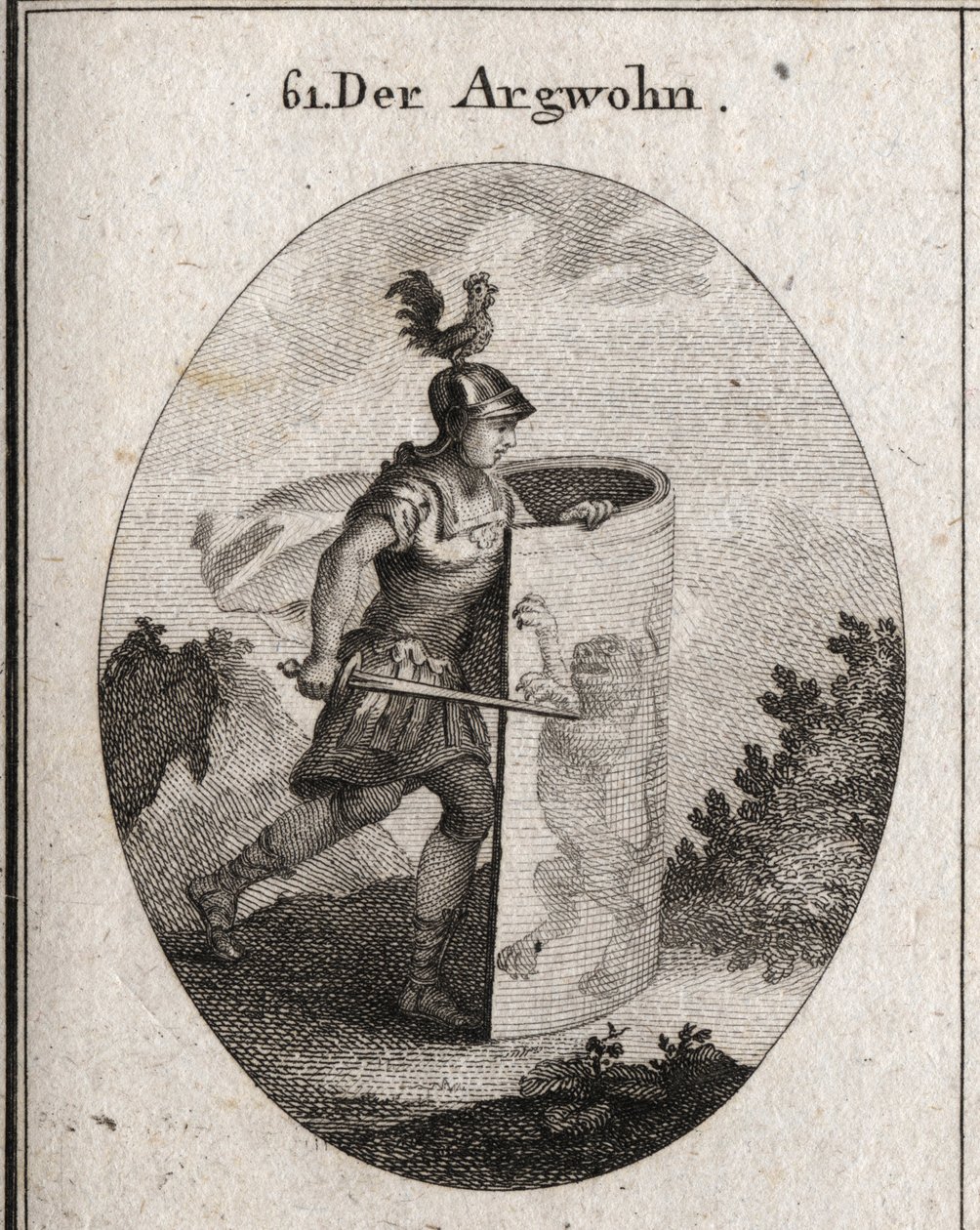 Epäilyn allegoria leikkaa kilven taakse, jonka päällä seisoo leijona, aristoteleen mukaan epäilyn symboli, ja kukko kypärässä, joka edustaa valppautta. Kaiverrus "" Iconologie oder Ideen aus dem Gebiete der Leidenschaften und Alleg tekijältä Austrian School