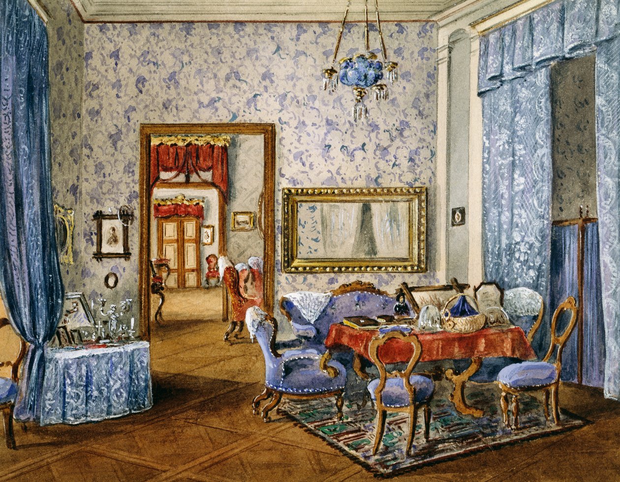 Biedermeier-tyylinen makuuhuone, noin 1830, akvarelli, Itävalta tekijältä Austrian School