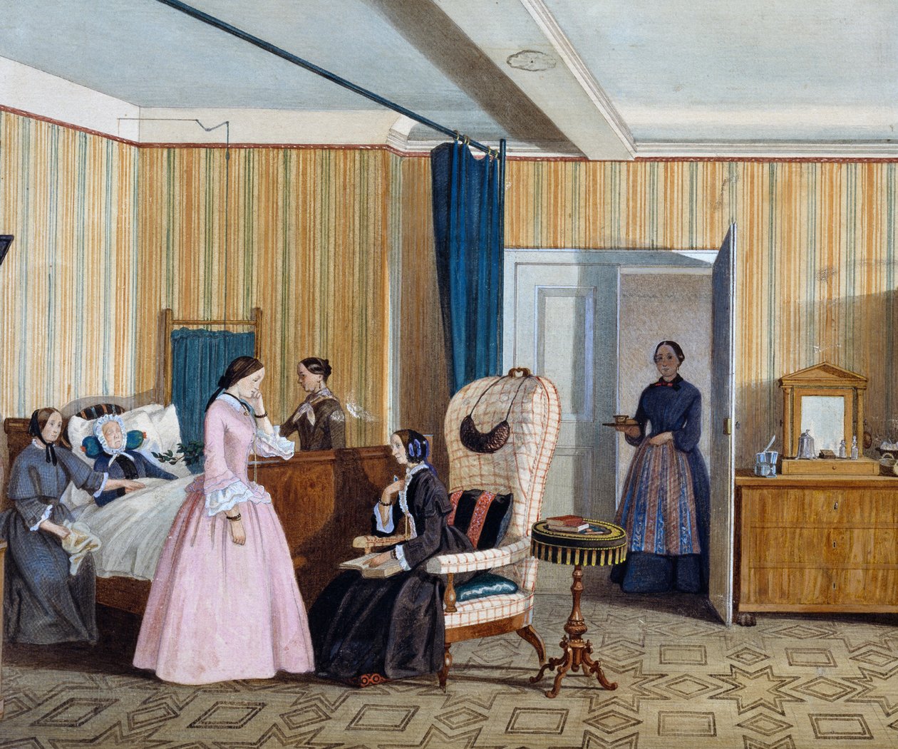 Biedermeier-tyylinen makuuhuone, akvarelli, Itävalta tekijältä Austrian School
