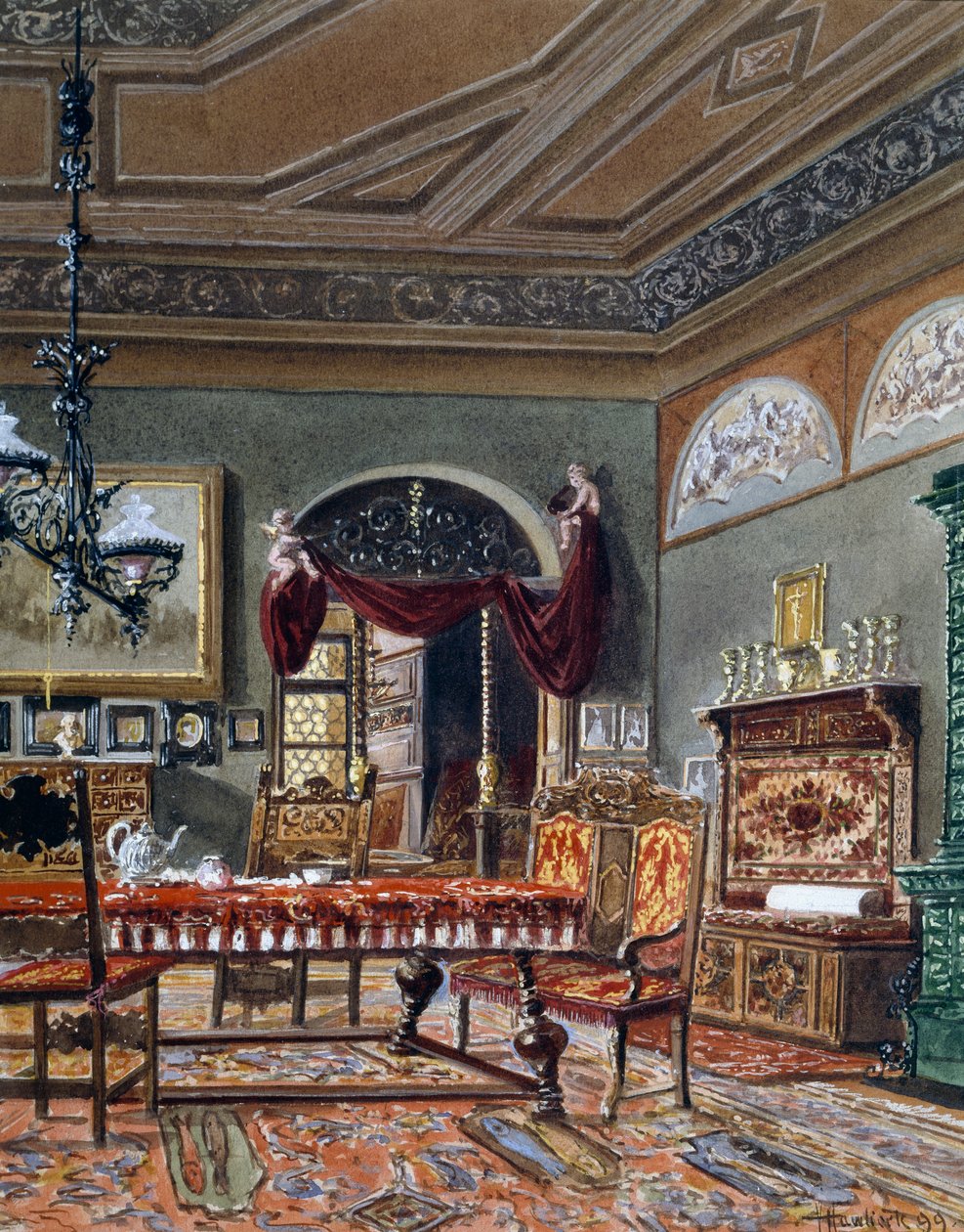 Biedermeier-tyylinen sali, akvarelli, Itävalta tekijältä Austrian School
