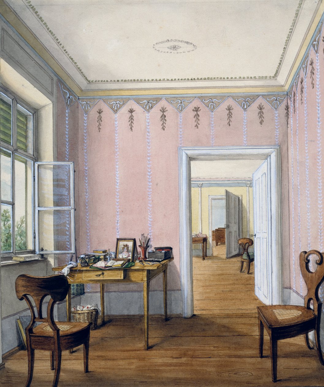 Biedermeier-tyylinen sisustus, noin 1840, akvarelli, Itävalta tekijältä Austrian School
