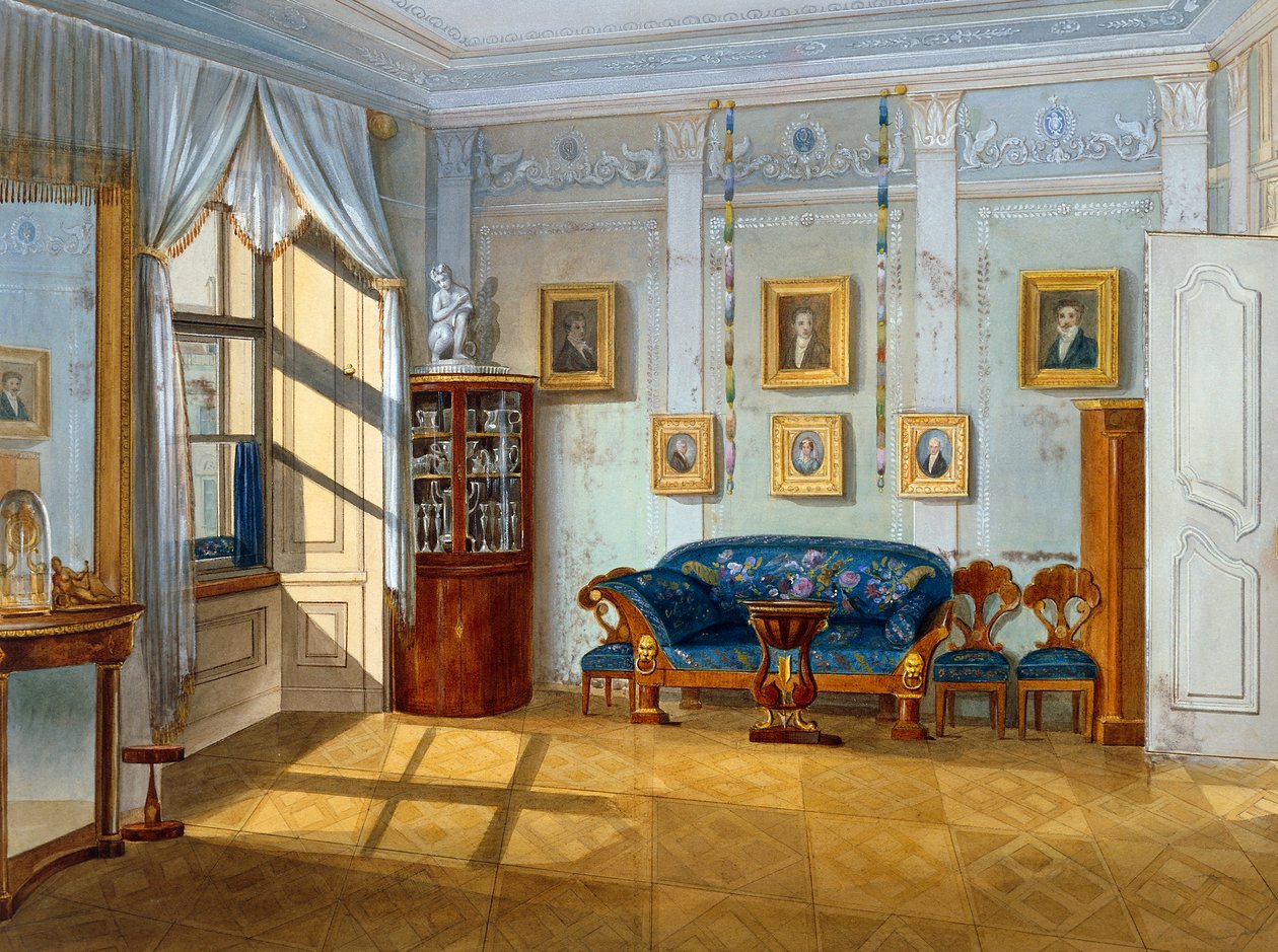 Biedermeier-tyylinen sali, n. 1830, vesiväri, Itävalta tekijältä Austrian School