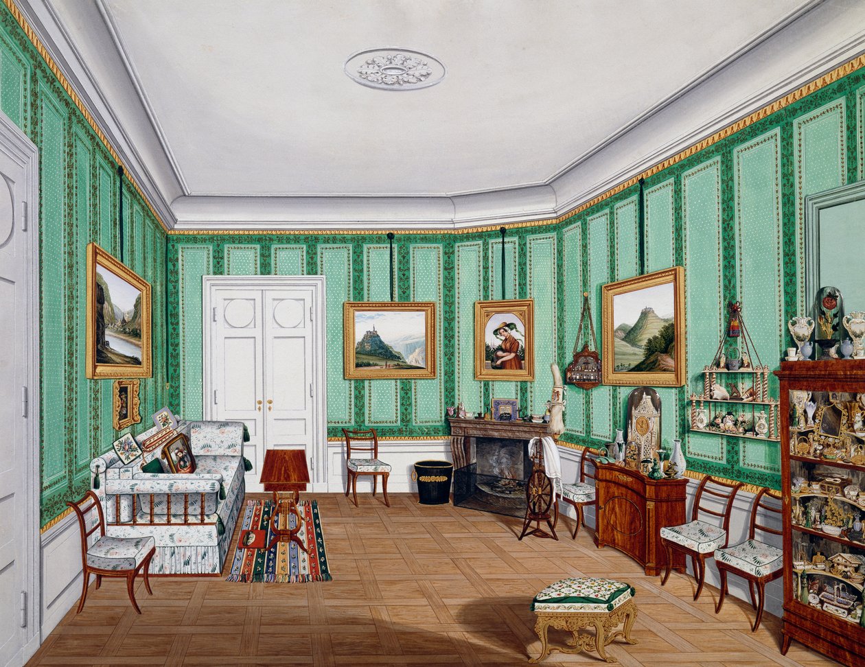 Biedermeier-tyylinen huone, noin 1850, akvarelli, Itävalta tekijältä Austrian School