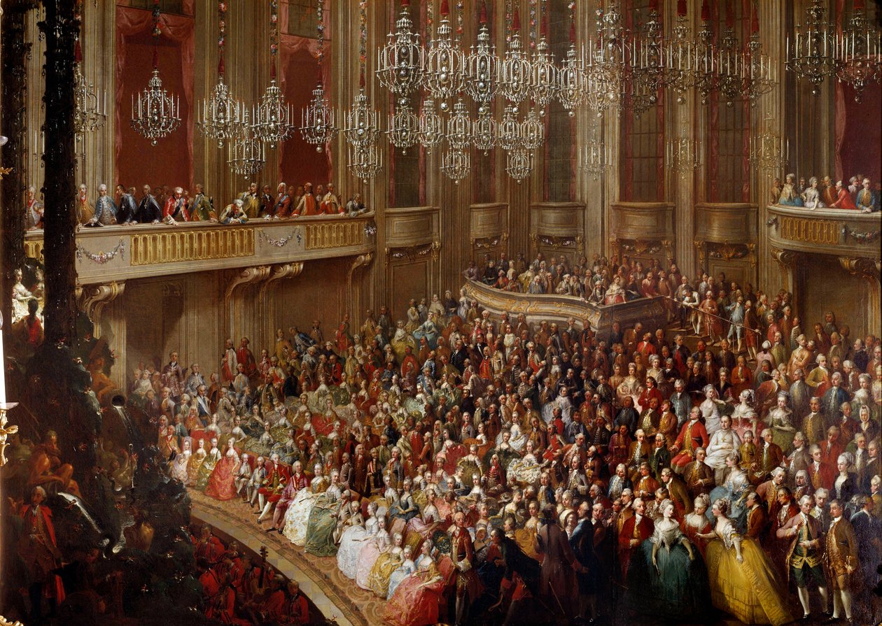 Konsertti Wienissä keisarillisen perheen läsnäollessa. 1700-luvun itävaltalaisen koulukunnan maalaus. Schonbrunnin linna tekijältä Austrian School