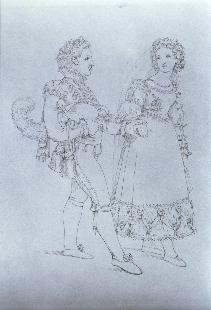 Pukusuunnittelu Figarolle ja Susannalle Wolfgang Amadeus Mozartin (1756-91) oopperasta "Figaron häät" (kaiverrus) tekijältä Austrian School