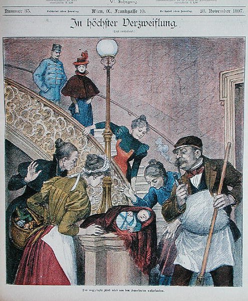 Itävaltalaisen aikakauslehden kansi, joka kuvaa kerrostalon portaissa hylättyä vauvaa, 28. marraskuuta 1897 (värilitho) tekijältä Austrian School