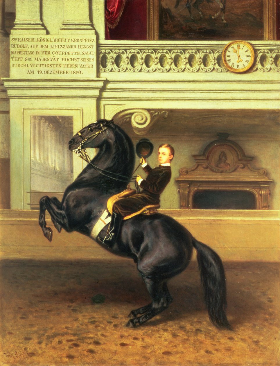 Itävallan kruununprinssi Rudolph (1858-89) ratsain Hofburgin talviratsastuskoulussa Wienissä, 1870 tekijältä Austrian School