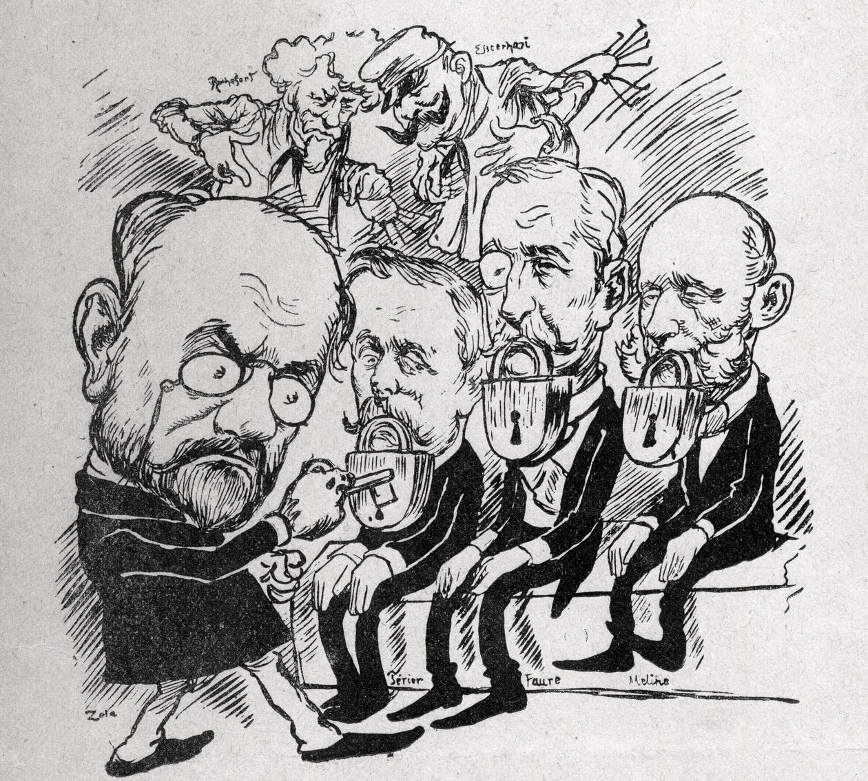 Emile Zola yrittää avata lukkoja, jotka sulkevat presidenttien Jean Casimir-Perierin (1847-1907) ja Felix Fauren (1841-1899) sekä neuvoston puheenjohtajan Jules Melinen (1838-1925) suuta, samalla kun taustalla Henri Rochefort (1831-1913) kertoi Com tekijältä Austrian School