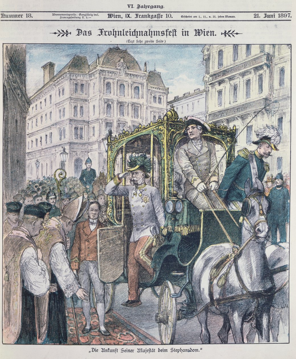 Itävallan keisari Franz Josef saapuu Pyhän Tapanin katedraaliin Wienissä juhlimaan Corpus Christin (Fronleichnam) juhlaa 1897; tekijältä Austrian School