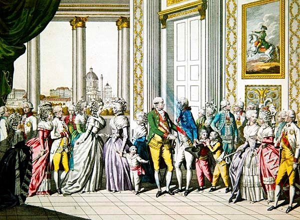 Keisari Leopold II perheineen toivottaa tervetulleeksi Napolin ja Sisilian kuninkaan Ferdinand I:n perheineen Wieniin tekijältä Austrian School