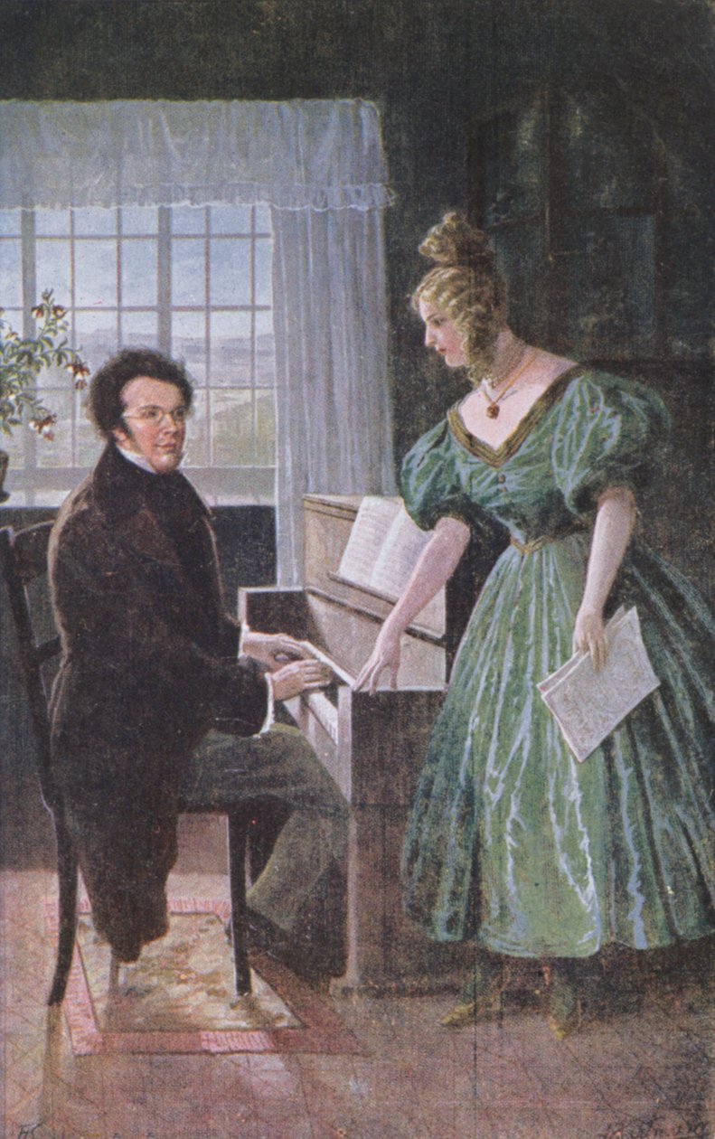 Franz Peter Schubert (1797-1828) soittaa pianoa, postikortti n. 1910 tekijältä Austrian School