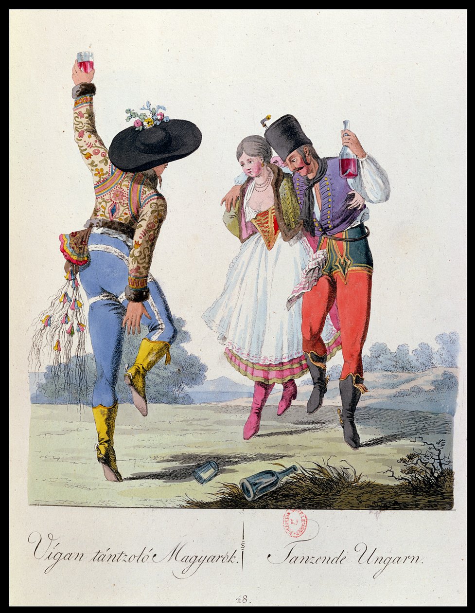 Unkarilaisia tanssijoita perinteisessä asussa, kuvitus kirjasta Costumes de Pannonie, kirjoittanut J.H. de Bikkesy, julkaistu Wienissä, 1810 (värikaiverrus) tekijältä Austrian School