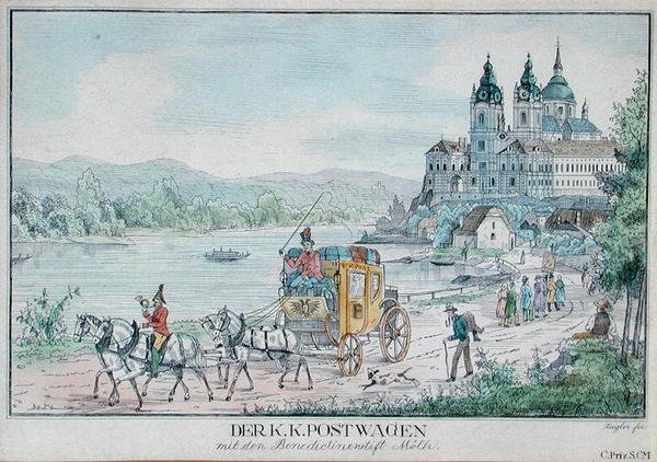 Itävallan keisarillisen postipalvelun vaunu Melkin luostarin edessä Tonavan varrella, 1800-luvun alku (värikaiverrus) tekijältä Austrian School