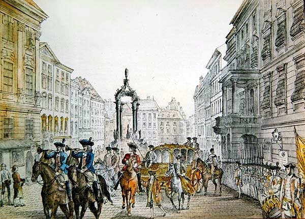 Keisarillinen kortège Grabenissa, Wienissä, 1800-luvun alku (kaiverrus) tekijältä Austrian School