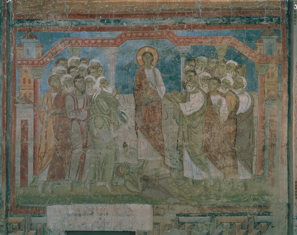 Jeesus parantaa riivatun miehen Kapernaumin synagogassa (fresko) tekijältä Austrian School