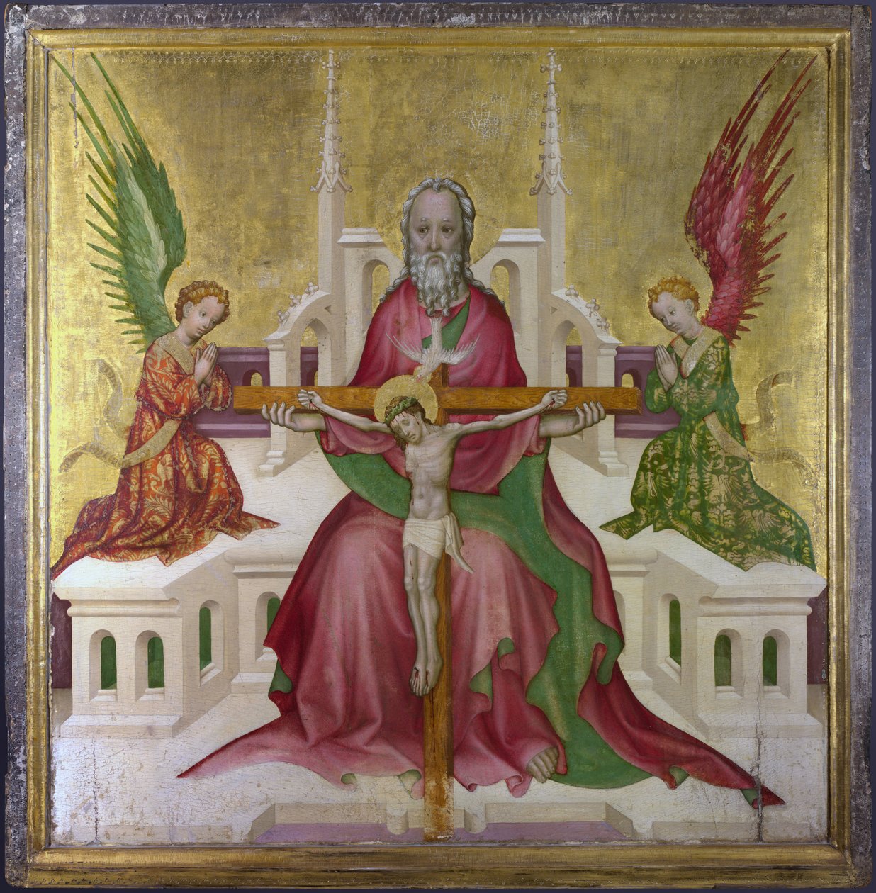 ""Pyhä kolminaisuus ja ristiinnaulittu Kristus"" Itävallan koulun maalaus, noin 1410, koko 118,1 x 114,9 cm Lontoon kansallisgalleria tekijältä Austrian School