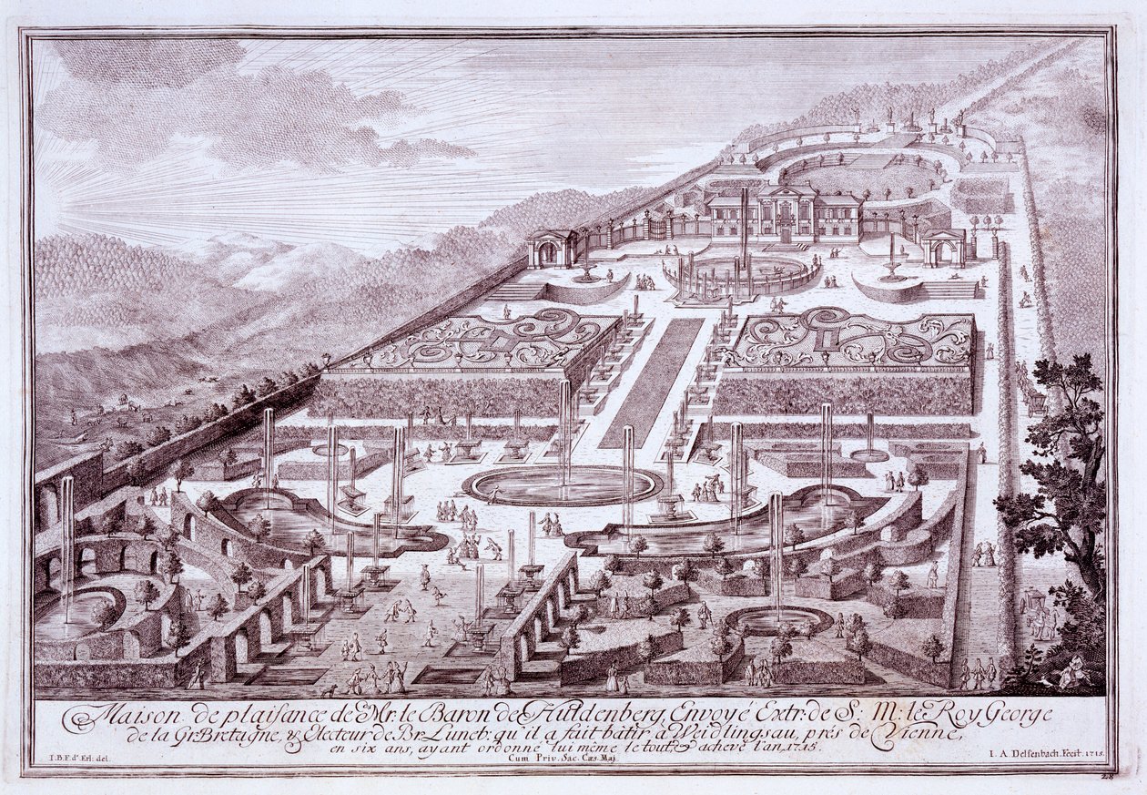 Paroni de Huldenburgin upea puutarha ja palatsi, jonka hän rakensi Widlingsaussa, 1719 tekijältä Austrian School