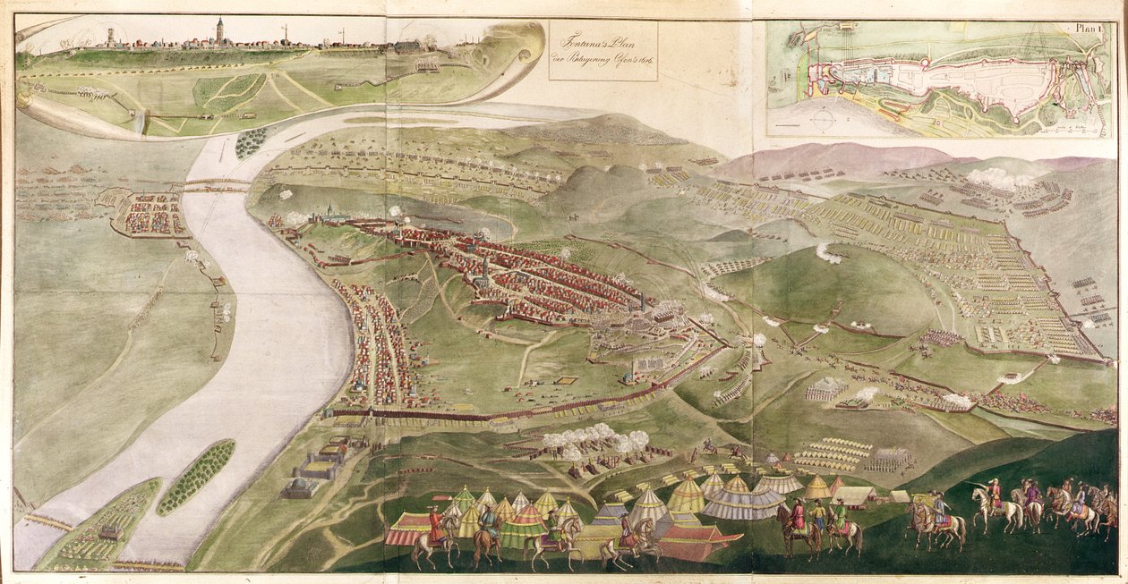 Kartta, joka havainnollistaa Budan valloitusta, 1686 (värikaiverrus) tekijältä Austrian School