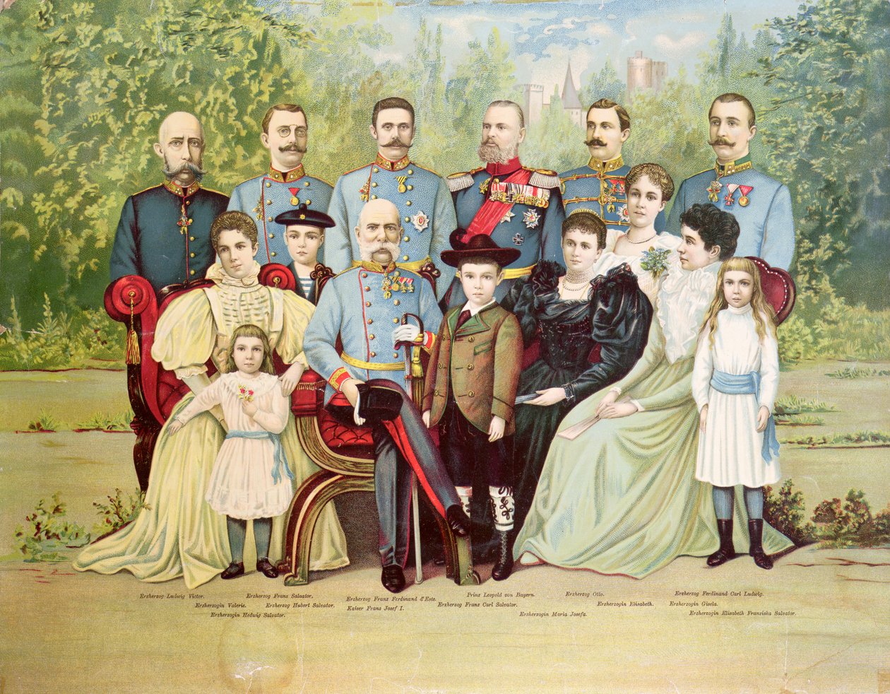 Itävallan keisarillisen perheen jäsenet, jotka ryhmittyivät keisari Franz Joseph I:n (1830-1916) ympärille n. 1900 tekijältä Austrian School